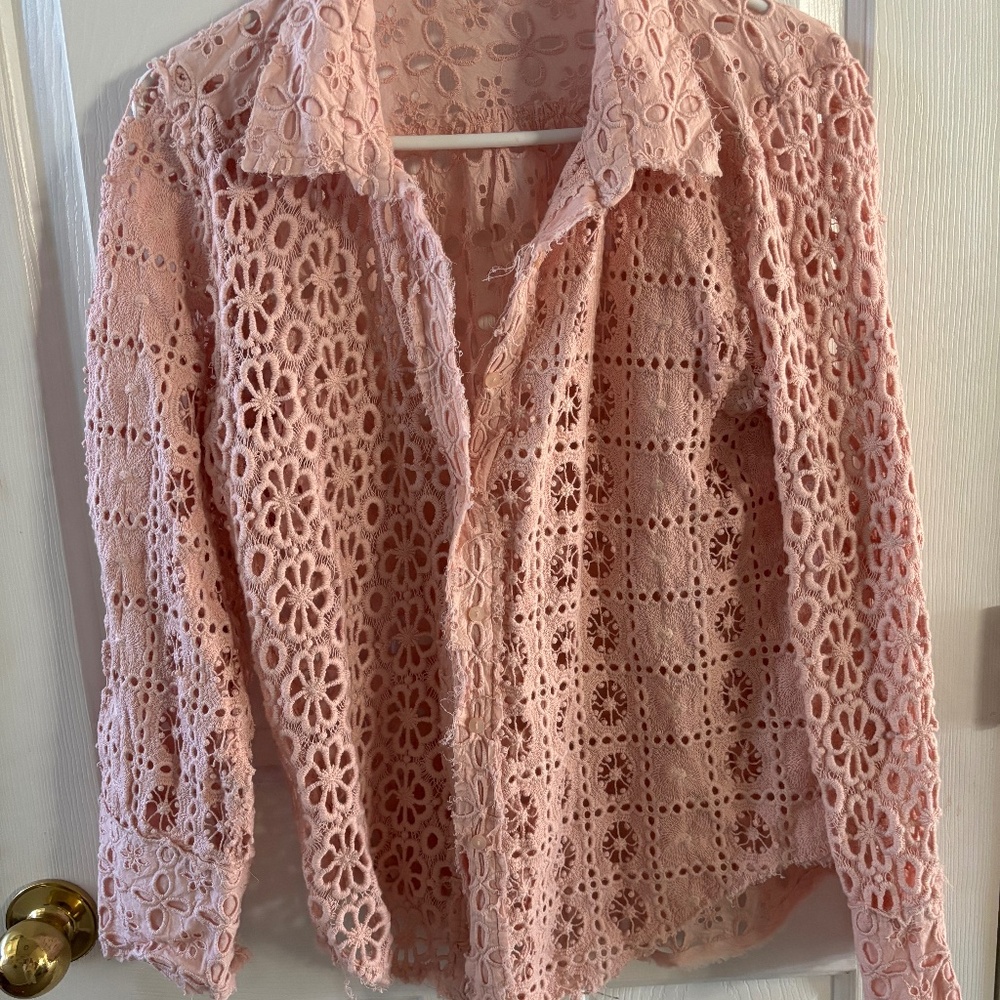 NWOT Free People Pink Shacket Embroidered Crochet Tunic Blouse